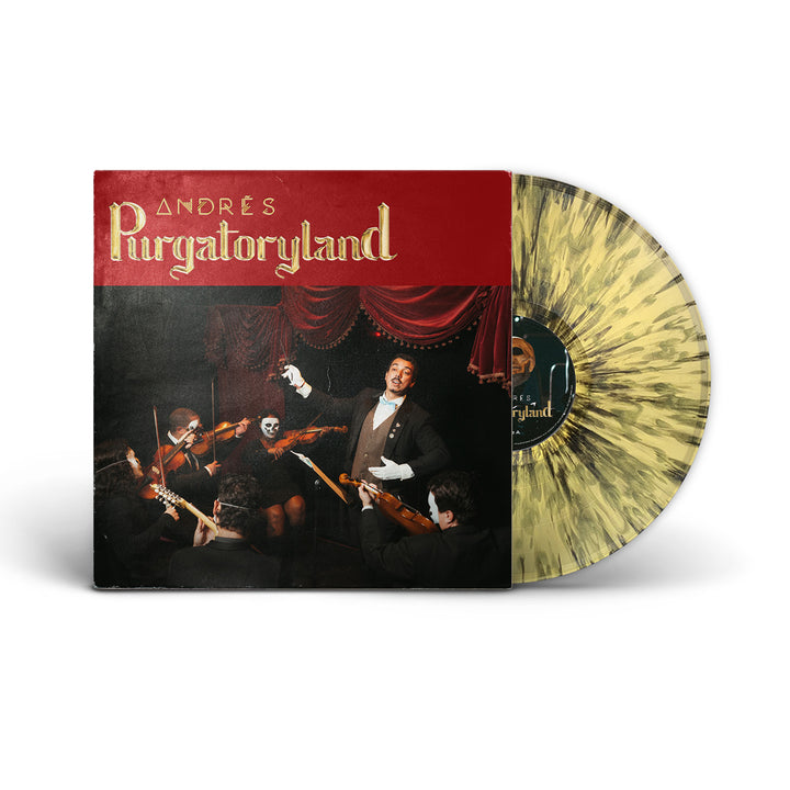 A limited edition Andrés Purgatoryland marbled yellow and black vinyl. The cover features a conductor leading masked musicians on a dramatic stage framed by red curtains.