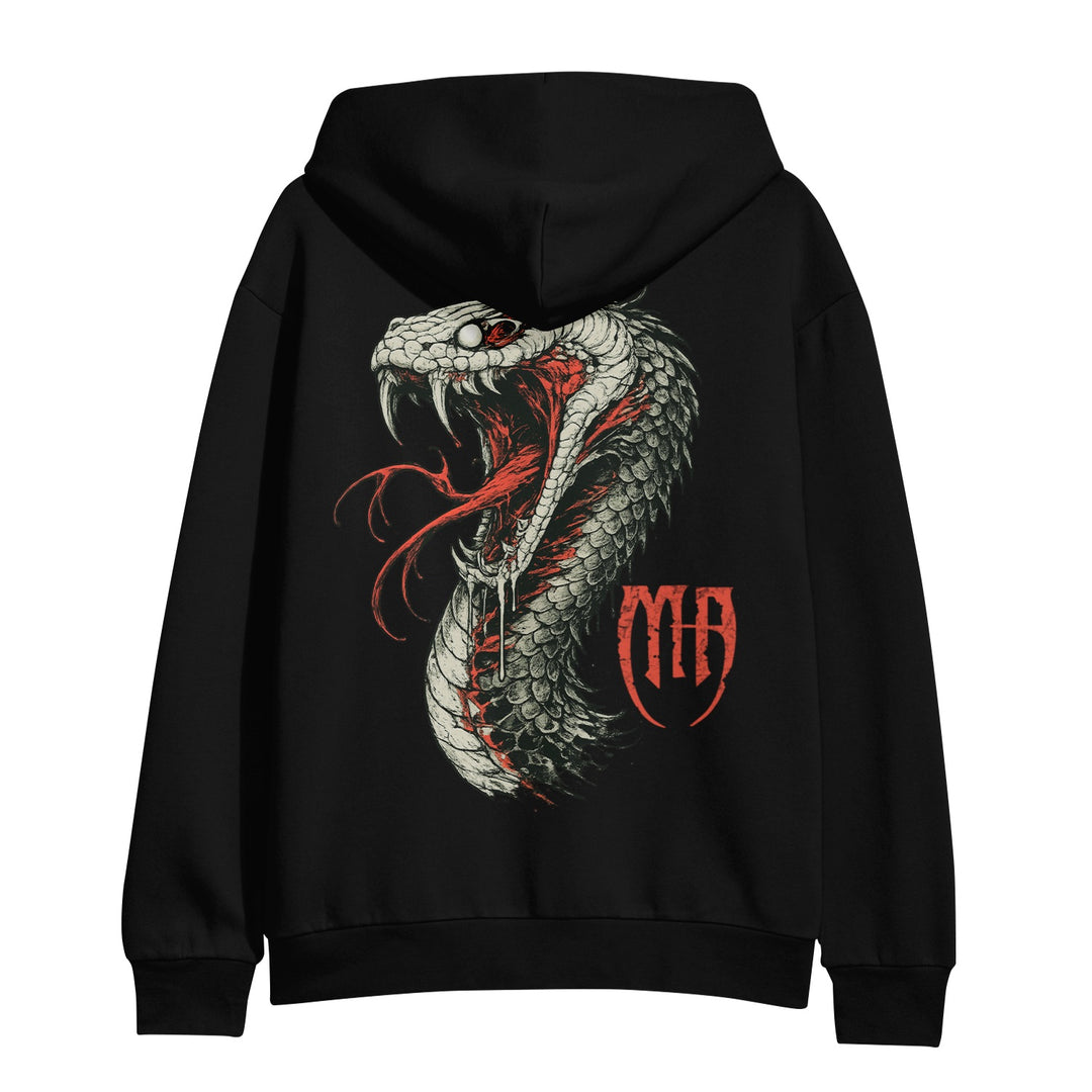 Black cotton fleece hoodie by Melrose Avenue, featuring a large, detailed coiled snake with red eyes and fangs. Red accents and a stylized “MIA” logo add bold style. Part of the premium ASColour 5101 supply pullovers range.