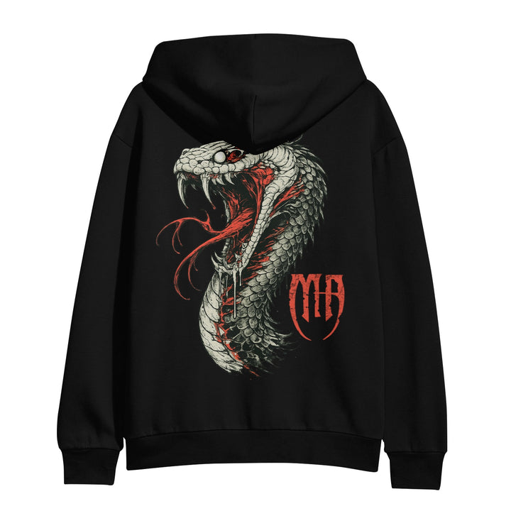 Black cotton fleece hoodie by Melrose Avenue, featuring a large, detailed coiled snake with red eyes and fangs. Red accents and a stylized “MIA” logo add bold style. Part of the premium ASColour 5101 supply pullovers range.