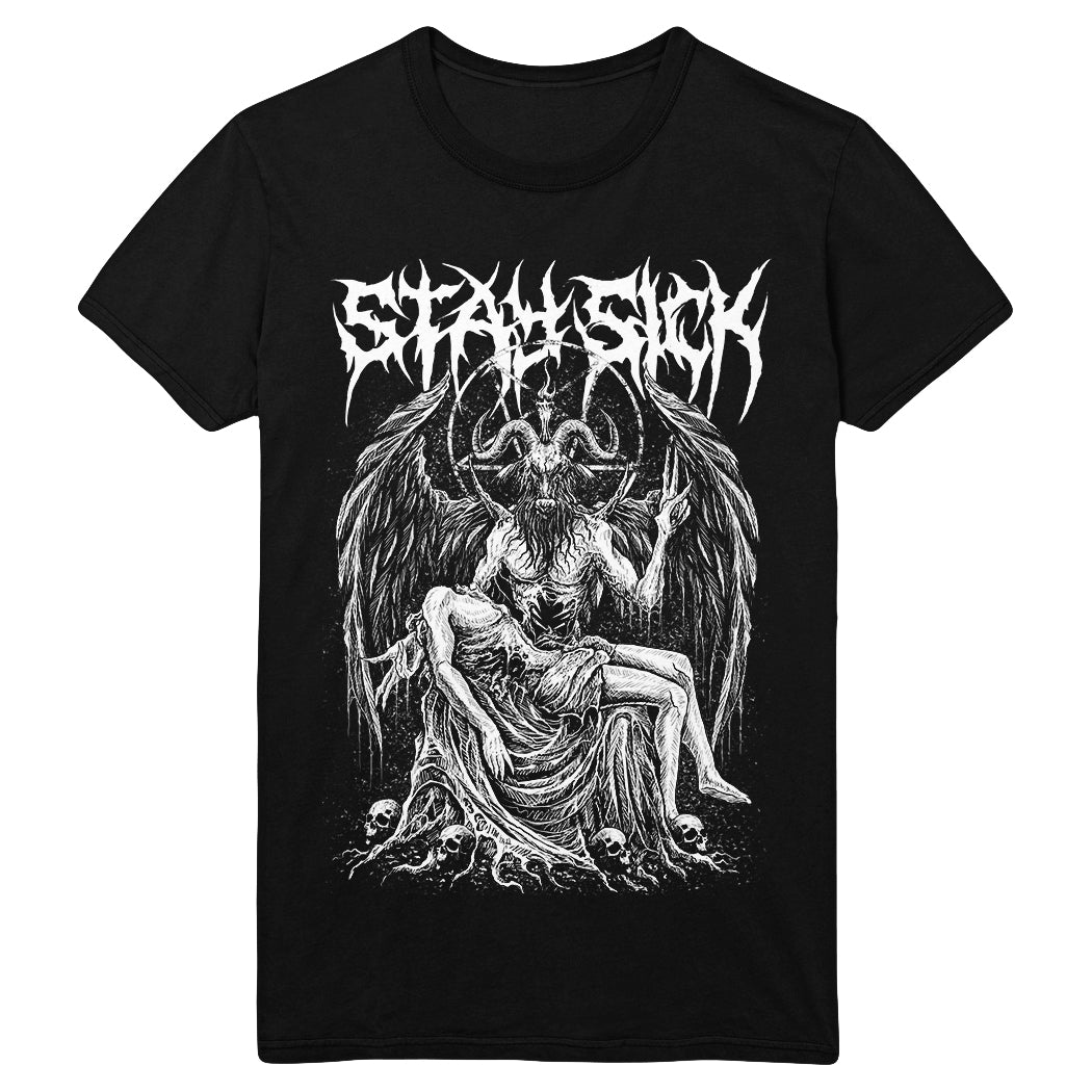 Stay Sick Clothing black T-shirt with a bold white Baphomet graphic seated on a throne of skulls; STAY SICK appears above in a jagged, horror-inspired font.