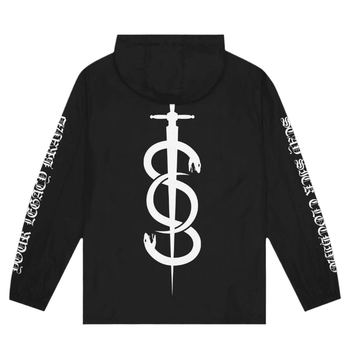 The Stay Sick Clothing black zip-up jacket features a bold white sword and two coiled snakes graphic on the back, with gothic white text down both sleeves for an edgy look.