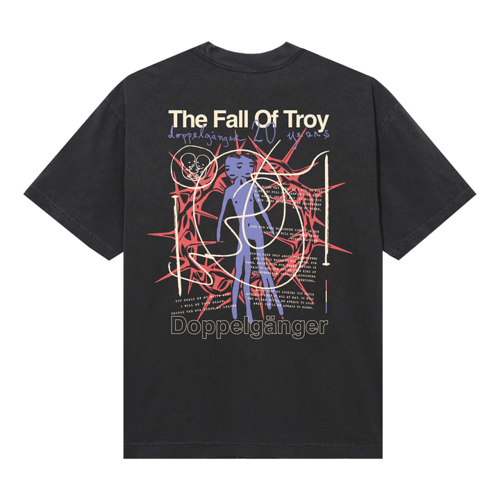 Black T-shirt by The Fall of Troy with "Doppelgänger" text, featuring abstract red, white, and purple artwork on the back with a central human-like figure and scribbled design elements.