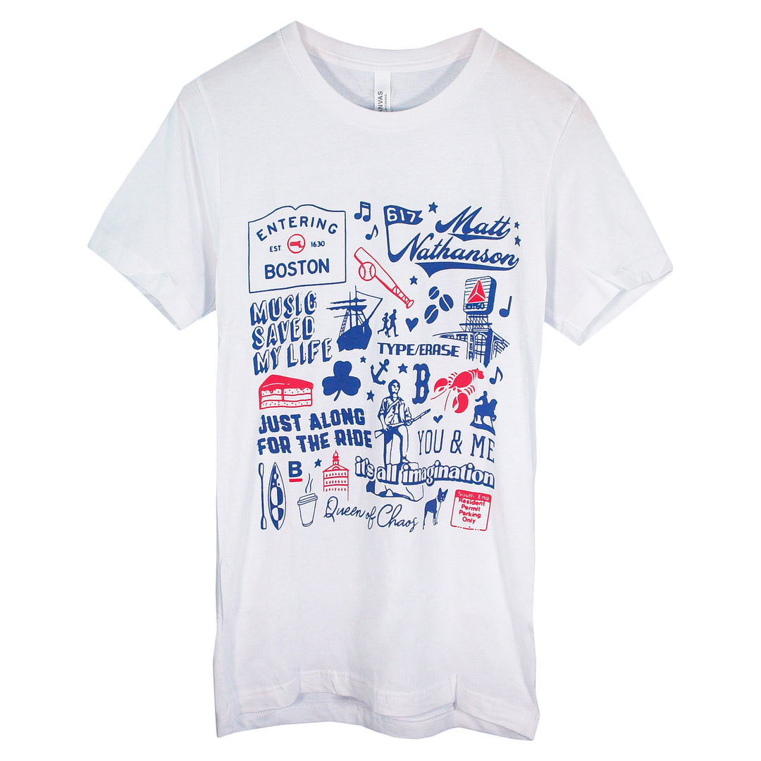 White printed T-shirt by Matt Nathanson featuring blue and red graphic text, Boston illustrations, music notes, oars, a coffee cup, and phrases like Music Saved My Life and Just Along for the Ride.