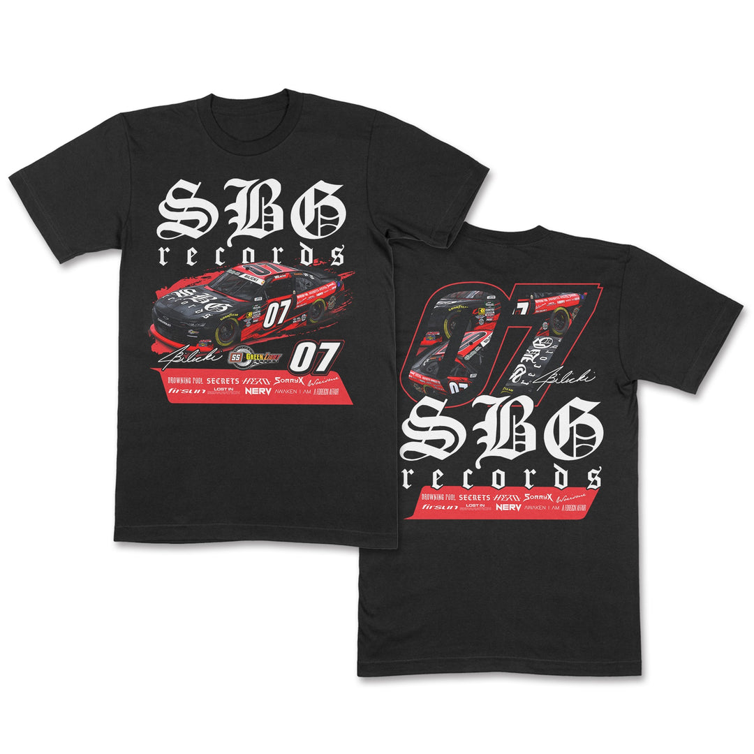 SBG Records black T-shirt with bold white SBG 07. Front has a race car graphic and 07, while the back features a large 07 with the car image and sponsor logos below.