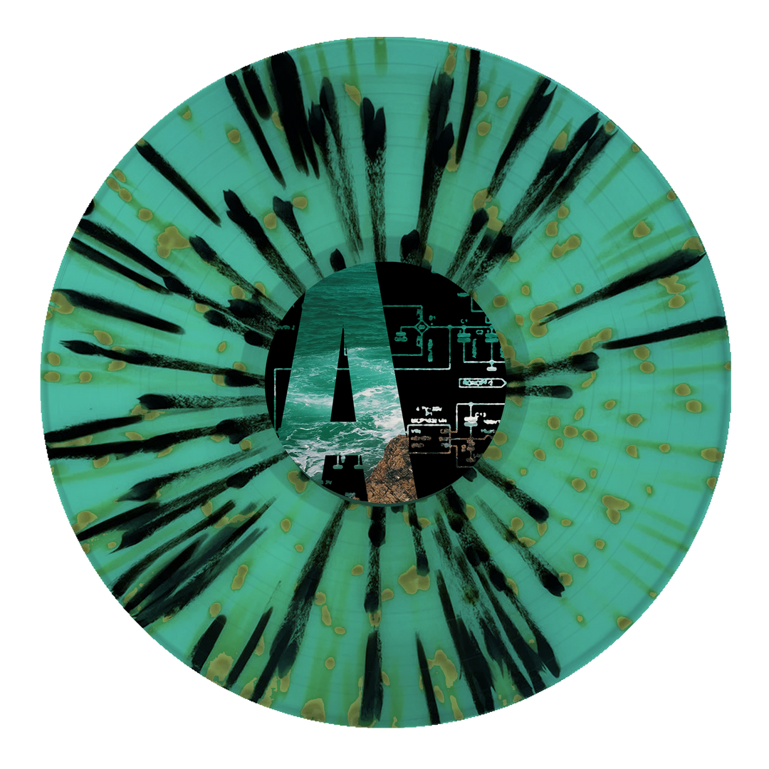 A turquoise post-hardcore vinyl from Joshua features black and brown splatter, with an ocean wave and rocky coast on the label—ideal for emo fans seeking "A Whole New Theory.