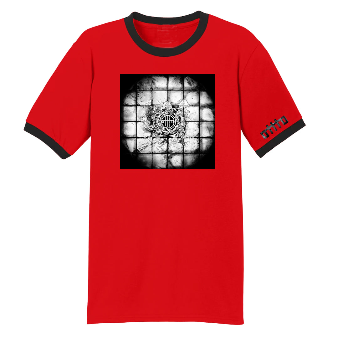 The OTTTO red T-shirt features black trim, a black-and-white square drain image on tiled floor, and "otto" in black on the left sleeve. Available now for presale.