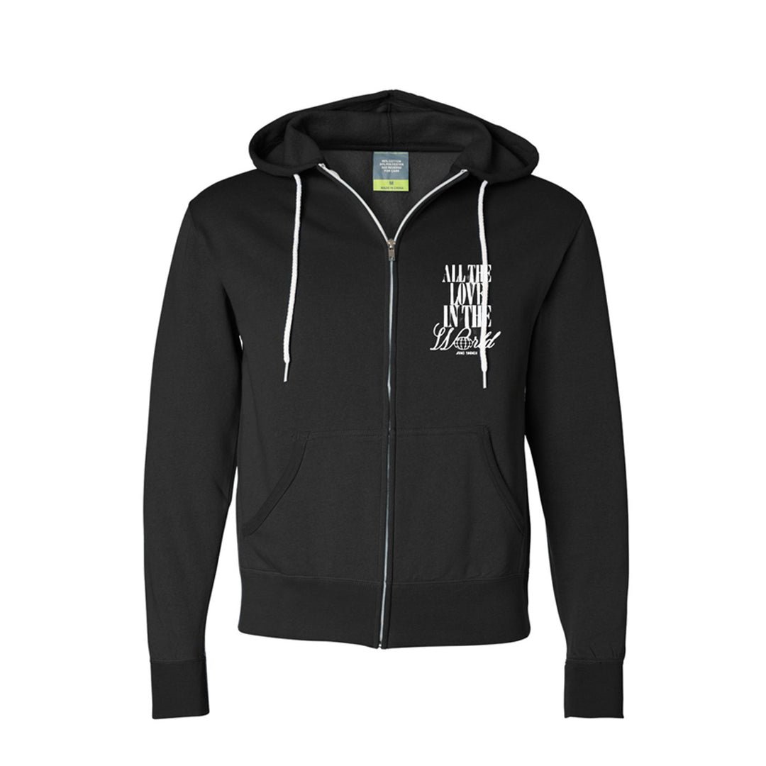 MC YOGI Black Zip-Up Hoodie with white drawstrings, a small stylized "All The Love" graphic on the left chest, two front pockets, and a hood for classic style and comfort.