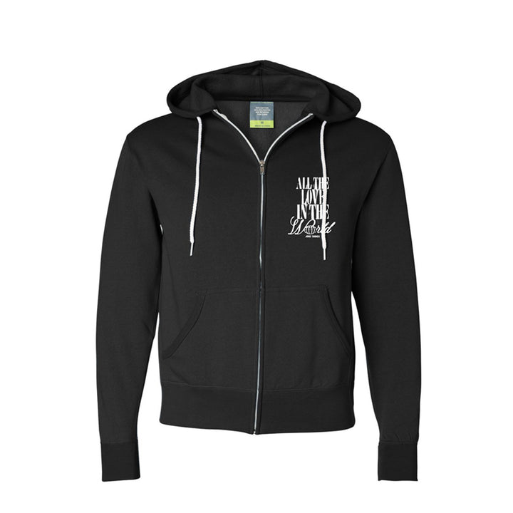 MC YOGI Black Zip-Up Hoodie with white drawstrings, a small stylized "All The Love" graphic on the left chest, two front pockets, and a hood for classic style and comfort.