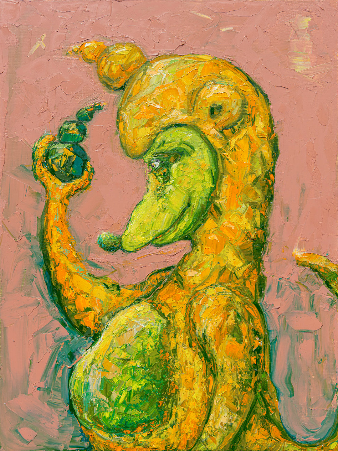 Abstract painting of a yellow-green, bird-like creature with exaggerated features and a spiral object on a textured pink background. Available as an archival Giclee fine art print from Jon Mess Art Store for whimsical art collectors.