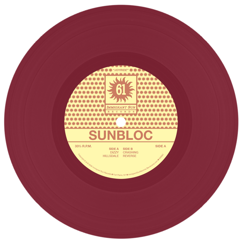 A maroon vinyl from Sunbloc with a yellow label reading "IMMIGRANT SUN RECORDS" and a sunburst design. Side A: Dizzy Hillsdale; Side B: Charging Reverse. Ideal for hardcore and alternative music fans.