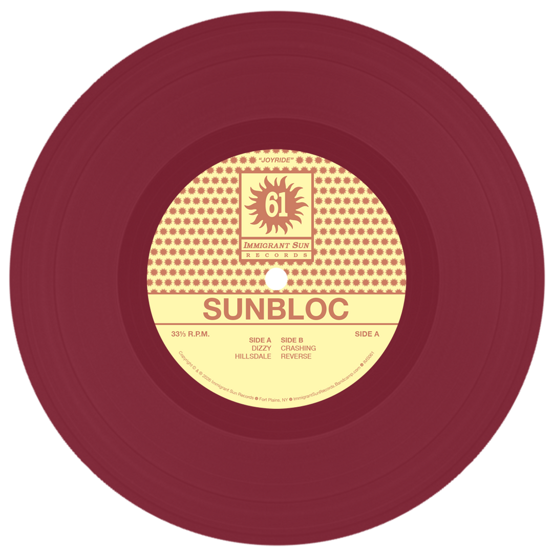 A maroon vinyl from Sunbloc with a yellow label reading "IMMIGRANT SUN RECORDS" and a sunburst design. Side A: Dizzy Hillsdale; Side B: Charging Reverse. Ideal for hardcore and alternative music fans.