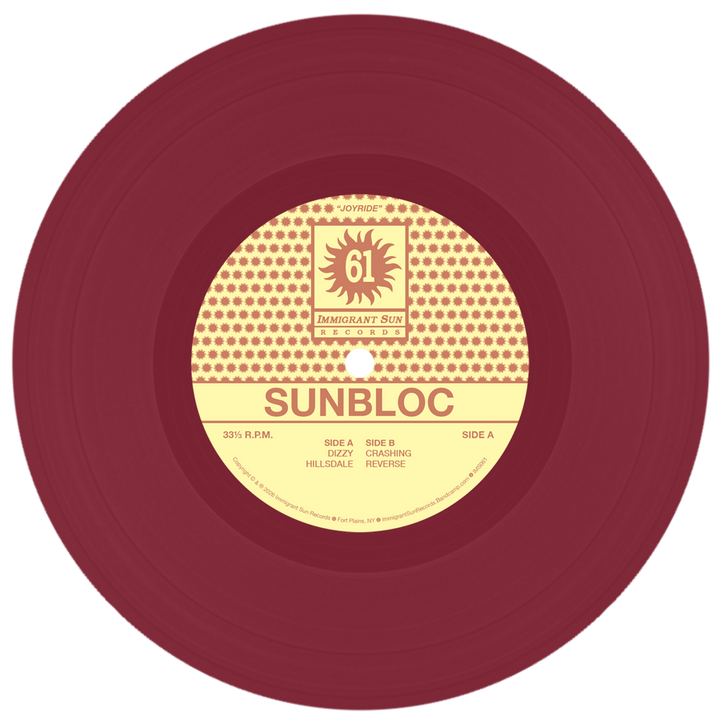 A maroon vinyl from Sunbloc with a yellow label reading "IMMIGRANT SUN RECORDS" and a sunburst design. Side A: Dizzy Hillsdale; Side B: Charging Reverse. Ideal for hardcore and alternative music fans.