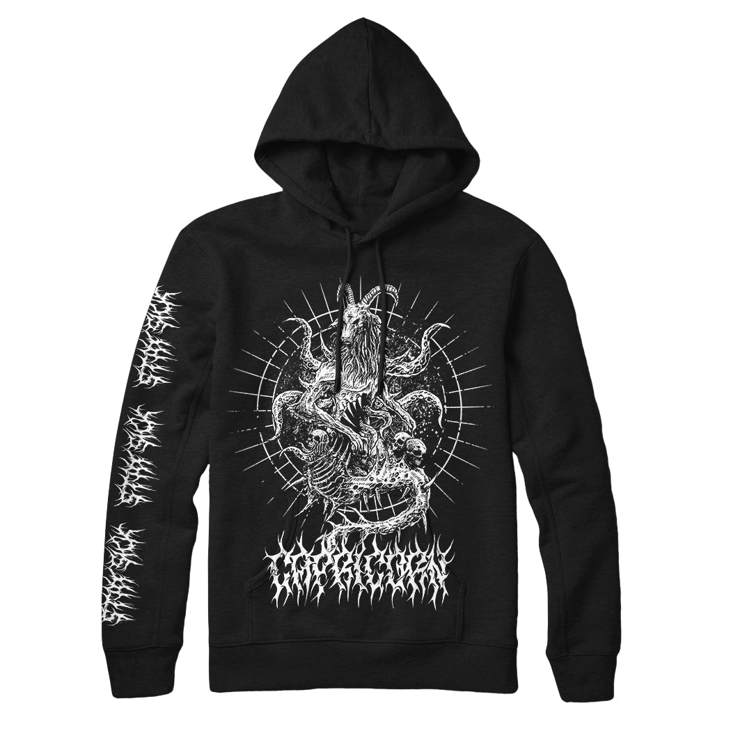 Stay Sick Clothing black hoodie with a detailed white demonic multi-armed figure and serpents graphic on the chest, radiating lines, sleeve designs, and text near the hem.