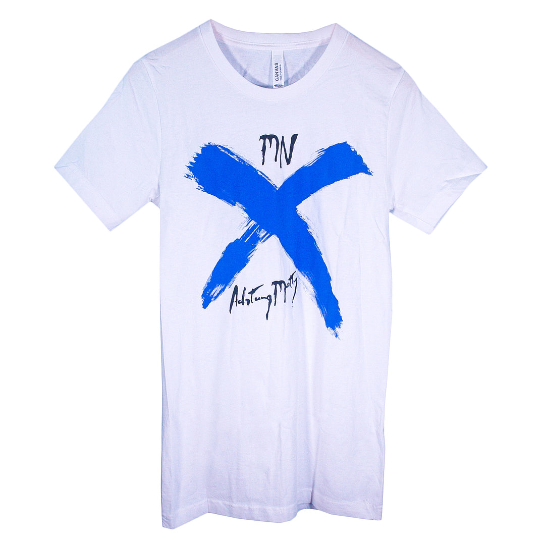 A white Matt Nathanson T-shirt featuring a large blue painted X across the chest, with black stylized text above and below—ideal for fans of bold printed tees.
