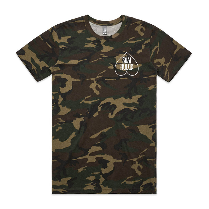 A green and brown camo short-sleeve t-shirt by Shai Hulud, featuring a white circular logo on the left chest.