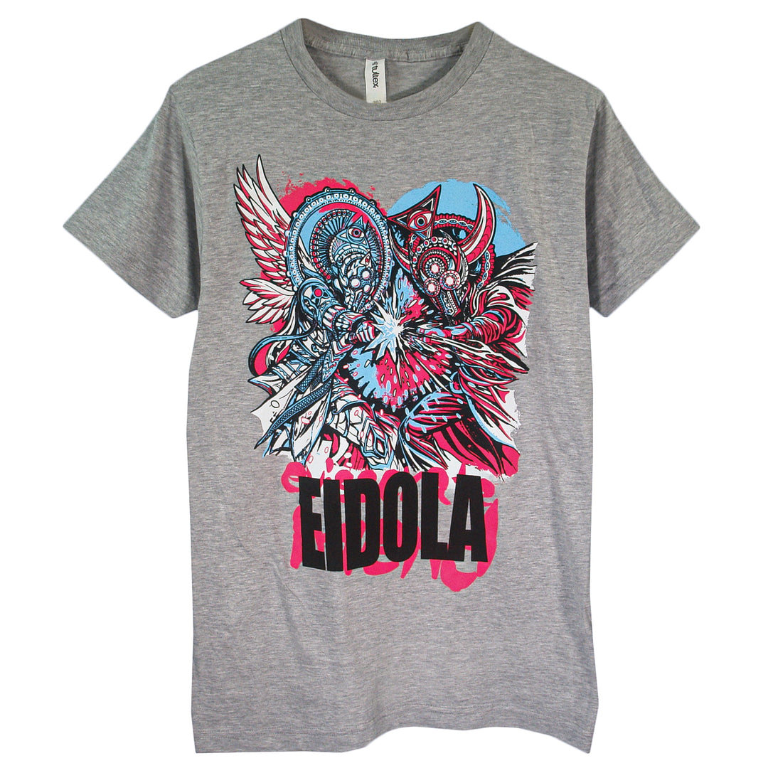 A Heather Grey Eidola T-shirt with a striking, intricate graphic of abstract blue, red, and black wings and shapes—evoking an epic Anime Fight—and “EIDOLA” in bold black letters across the bottom.