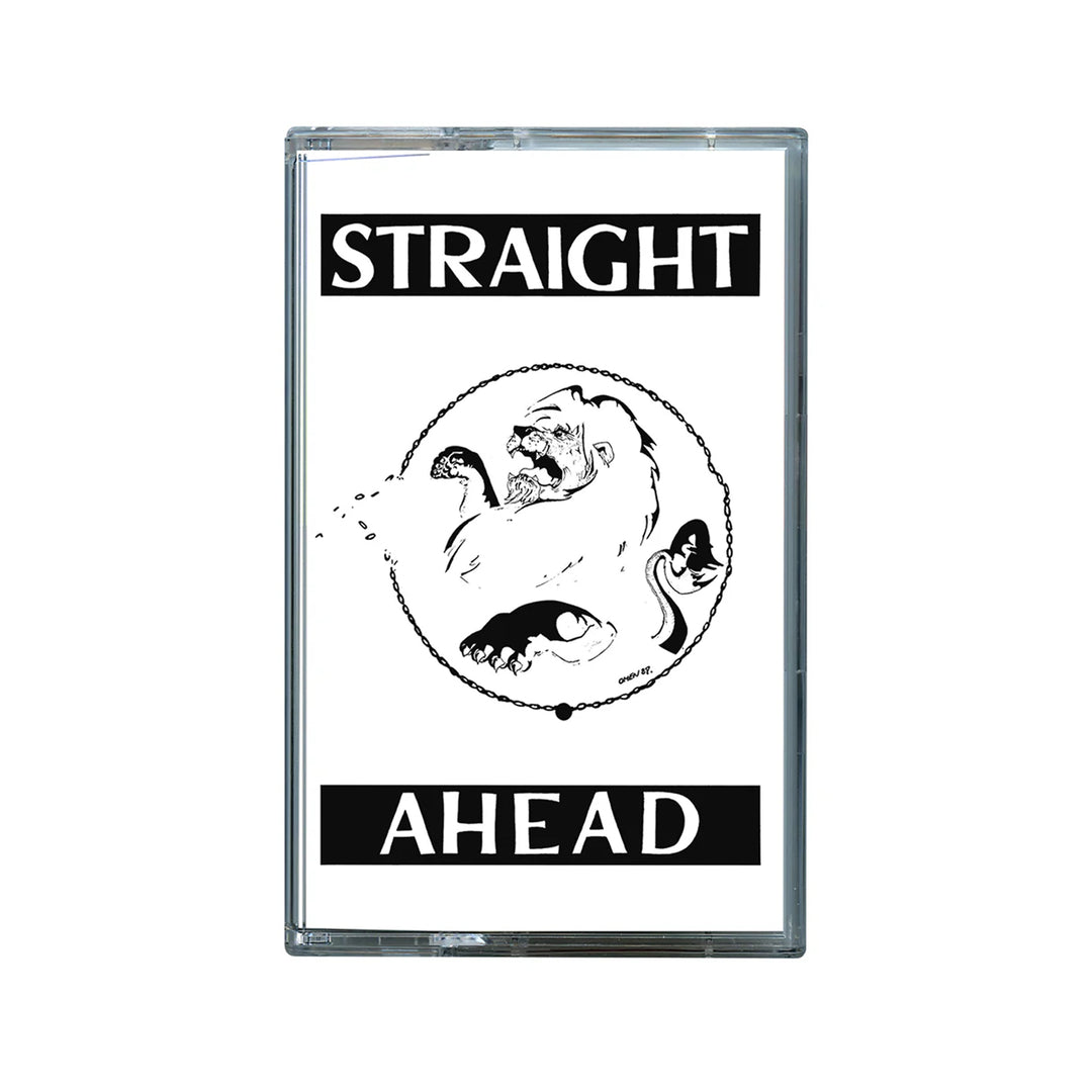 A cassette tape cover for the brand Straight Ahead, featuring "STRAIGHT" at the top, "AHEAD" at the bottom, and an illustration of a pug bursting through a cassette tape in the center, its paws and face peeking out.