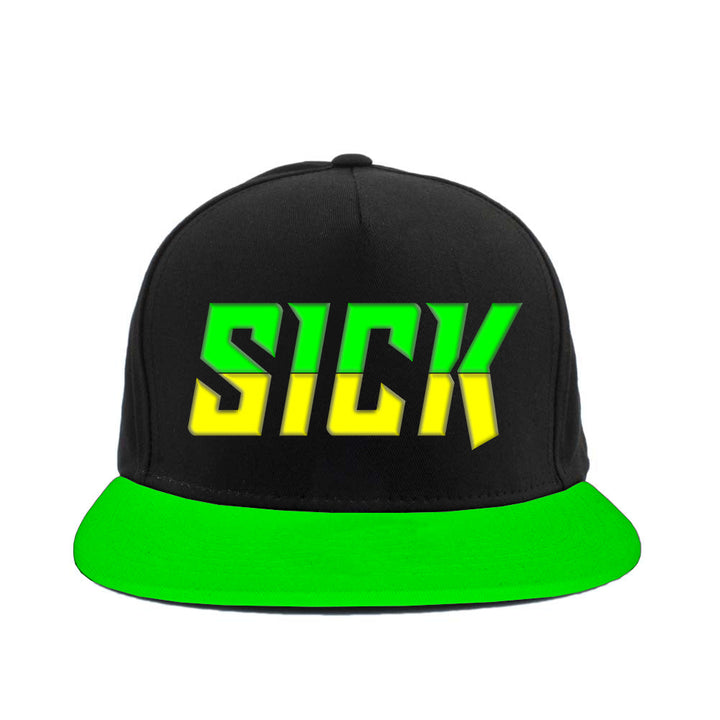A black Stay Sick Clothing baseball cap with a vibrant lime green brim, featuring SICK in bold yellow and green gradient letters—ideal for any Slime Squad fan.