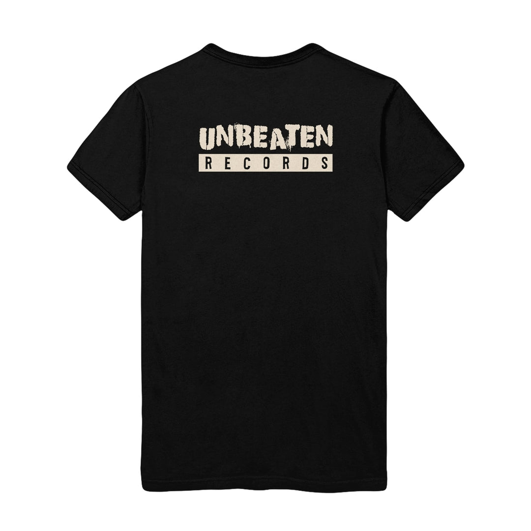 Black T-shirt by Blood Tithe featuring “UNBEATEN RECORDS” in bold off-white letters across the upper back, with “RECORDS” inside a box. A striking design for fans of Blood For The Starving God, shown on a plain white background.