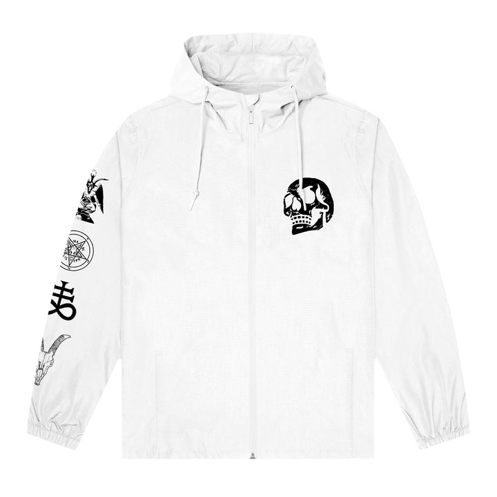 A white zip-up hoodie by Stay Sick Clothing featuring black graphics: a skull on the left chest and various occult symbols—including a goat and pentagram—on the right sleeve. Includes full front zipper and adjustable drawstrings.