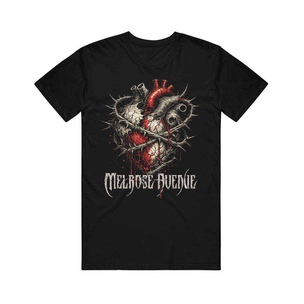 Melrose Avenue black regular fit t-shirt crafted from combed cotton, showcases an anatomical heart wrapped in barbed wire with red splatters and "Melrose Avenue" in gothic font below. Premium ASColour 5001 quality.