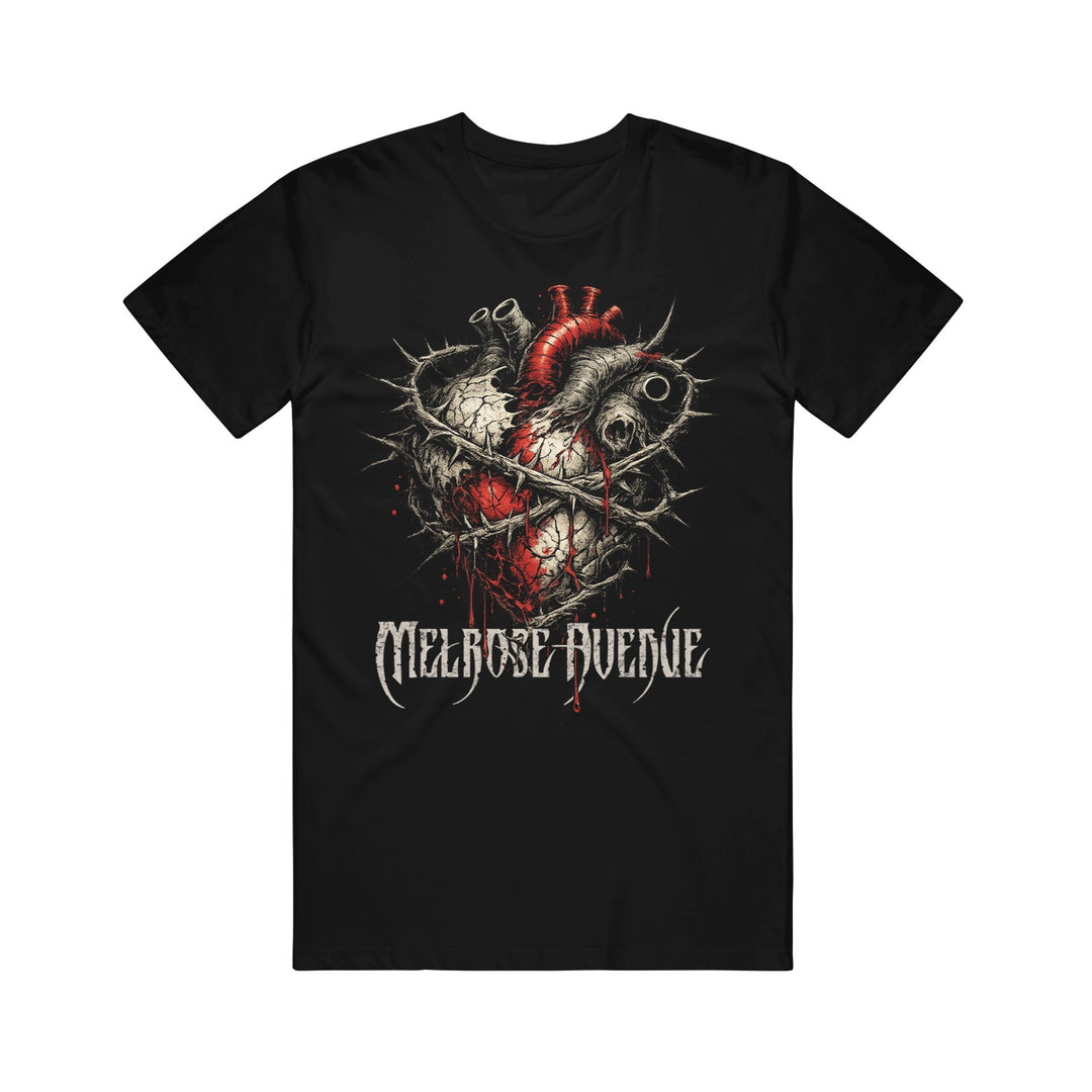 Melrose Avenue black regular fit t-shirt crafted from combed cotton, showcases an anatomical heart wrapped in barbed wire with red splatters and "Melrose Avenue" in gothic font below. Premium ASColour 5001 quality.