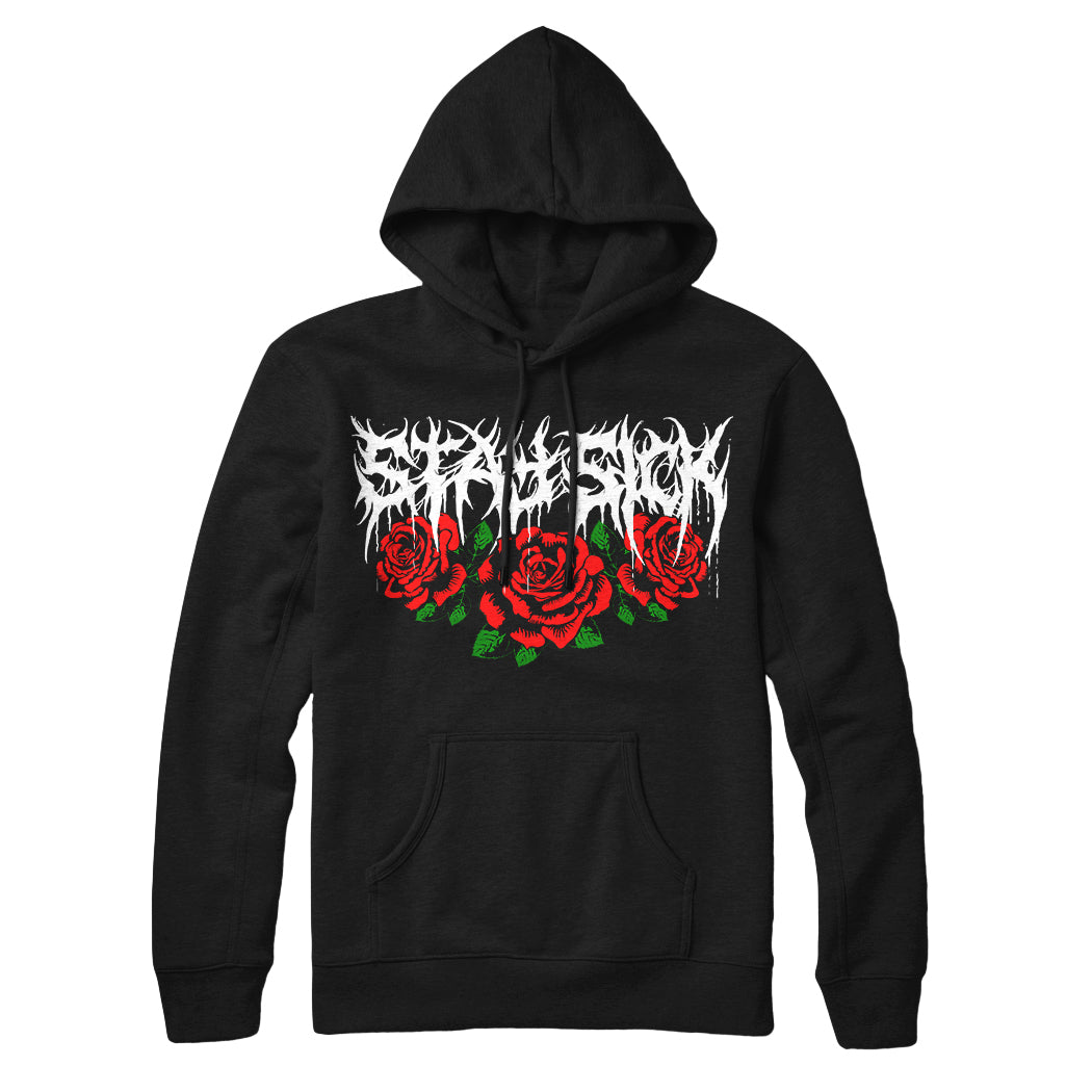 The Stay Sick Clothing black hoodie features bold white stylized text above three red Death Metal Roses with green leaves on the front, plus a front pocket and drawstrings.