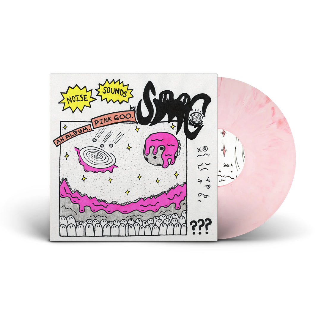 A Pink Marble Vinyl LP is partially in its cover. The cover art features playful doodles of melting pink goo, stars, and abstract shapes, with the text "Noise Sounds by Strawberry Milk Cult" and "An Album, Pink Goo.