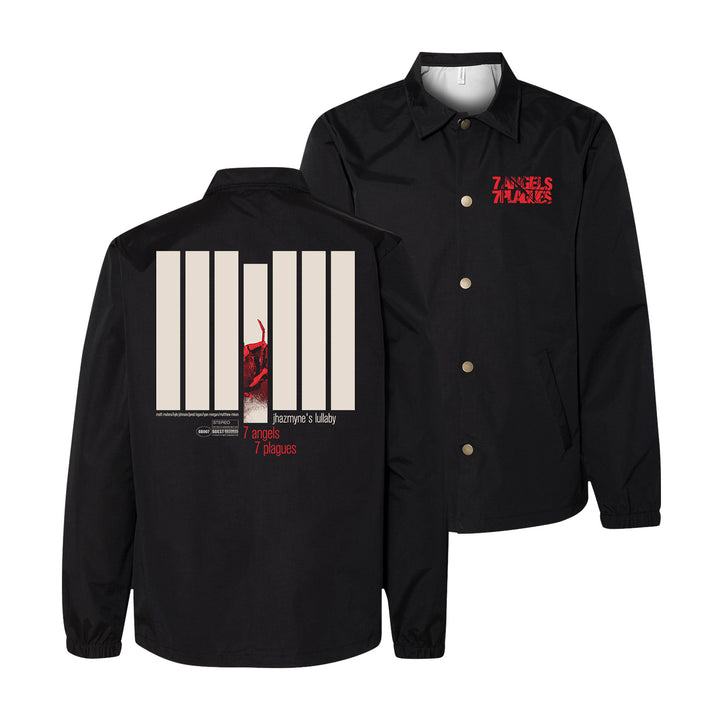 7 Angels 7 Plagues black men’s coach jacket with red logo text on front. Back features beige bars, red devil art, and “Pachamama’s Lullaby, 7 angels, 7 plagues” text. Water-resistant windbreaker construction.