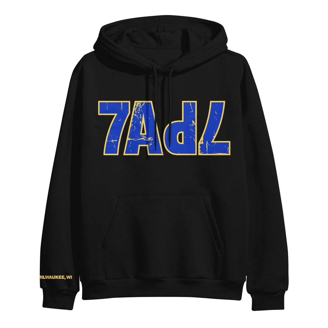 Midweight black fleece pullover with 7AVL in distressed blue and gold lettering on the chest and MILWAUKEE, WI printed on the right sleeve.