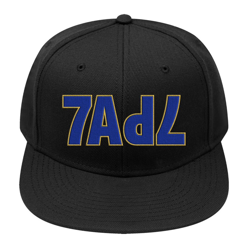 Black structured snapback hat featuring 3D puff embroidery of the letters 7AdL in blue with a gold outline.
