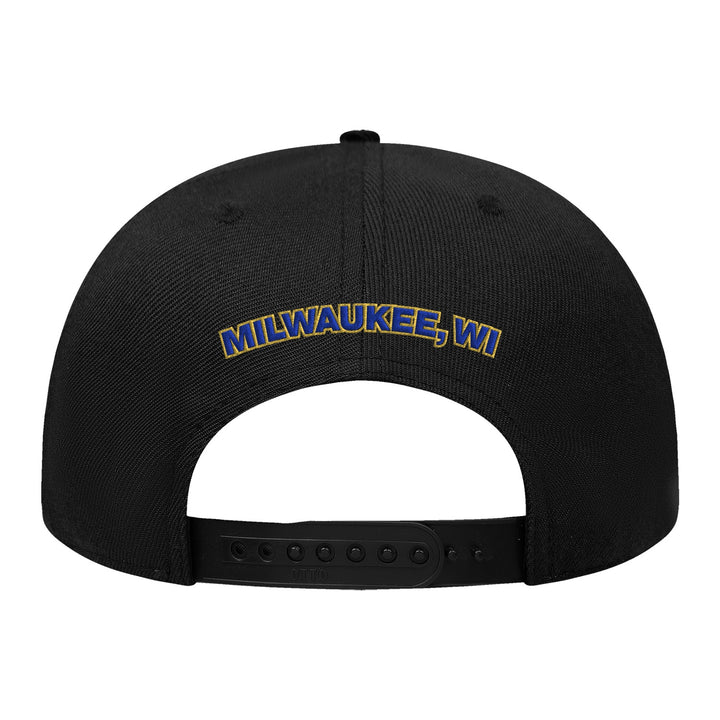 Back view of a black structured hat featuring Milwaukee, WI in 3D puff embroidery in blue and gold lettering above the adjustable snapback strap.