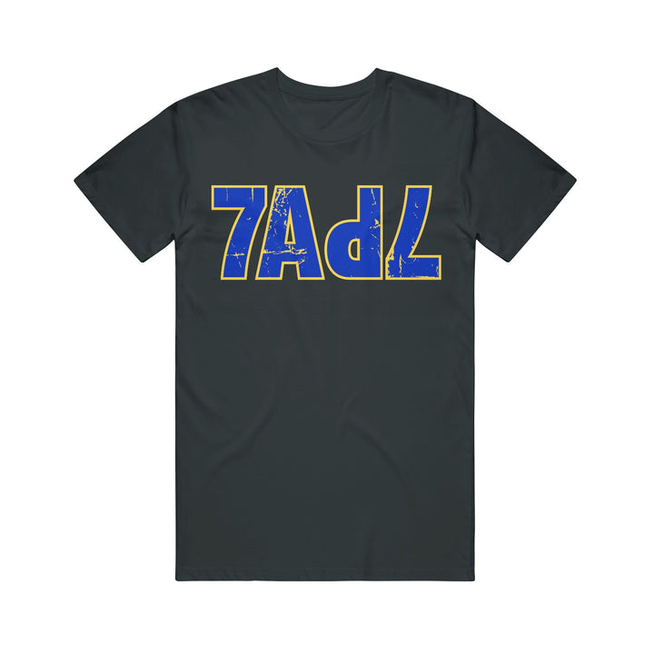 Dark grey, relaxed-fit American Apparel t-shirt featuring the distressed blue and yellow text 7PLZ centered on the chest.