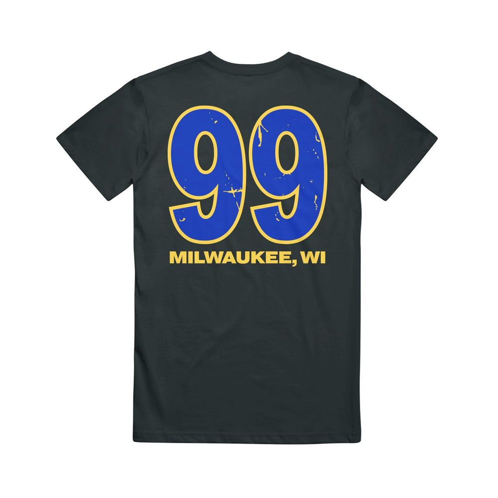 Relaxed fit black t-shirt with 99 in large blue digits with yellow outlines, and MILWAUKEE, WI printed in yellow below.