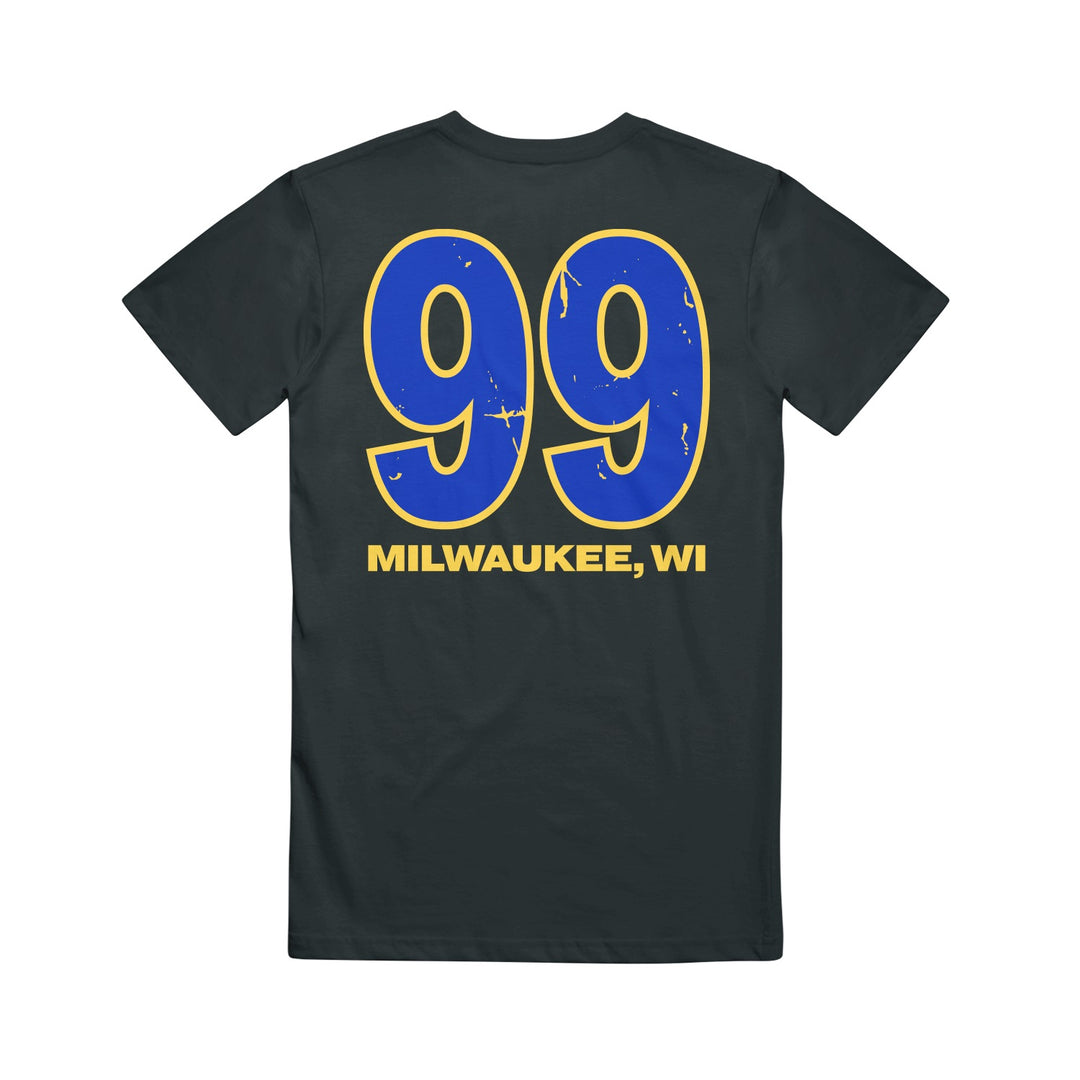 Relaxed fit black t-shirt with 99 in large blue digits with yellow outlines, and MILWAUKEE, WI printed in yellow below.