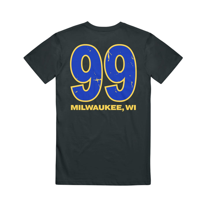 Relaxed fit black t-shirt with 99 in large blue digits with yellow outlines, and MILWAUKEE, WI printed in yellow below.