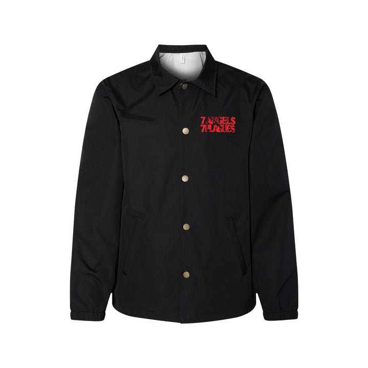 The 7 Angels 7 Plagues men’s coach’s jacket is black, water-resistant, and features front pockets, a collar, metal snap buttons, and red ANGELS 7 THRASHERS text on the left chest with lasting direct-to-film print quality.
