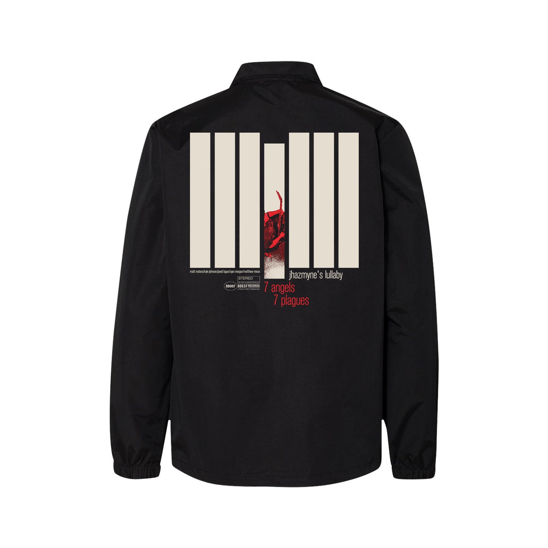 Black Men's Coach’s Jacket by 7 Angels 7 Plagues features beige vertical bars, an abstract red image made vibrant with Direct to Film Transfers, and "Jerammy’s lullaby, 7 angels, 7 plagues" text in white and red on the back.