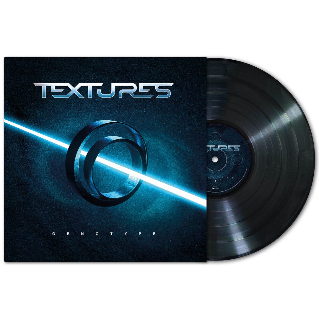 A black vinyl LP by Textures, partly out of its cover, displays "Textures" and "Genotype" with a glowing ring crossed by a blue beam on a dark cosmic background.