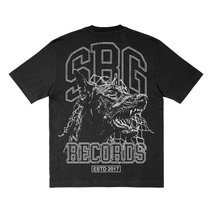 Black SBG Records T-shirt with a graphic of a snarling dog breaking through barbed wire, bold SAG text above, RECORDS below, and ESTD 2017 at the bottom—a standout among printed tees.
