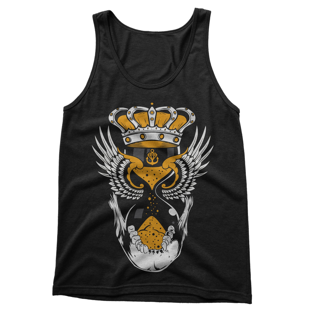 This Stay Sick Clothing black tank top showcases a stylized hourglass with white wings, a gold crown, and gold sand flowing between two skeletal hands.