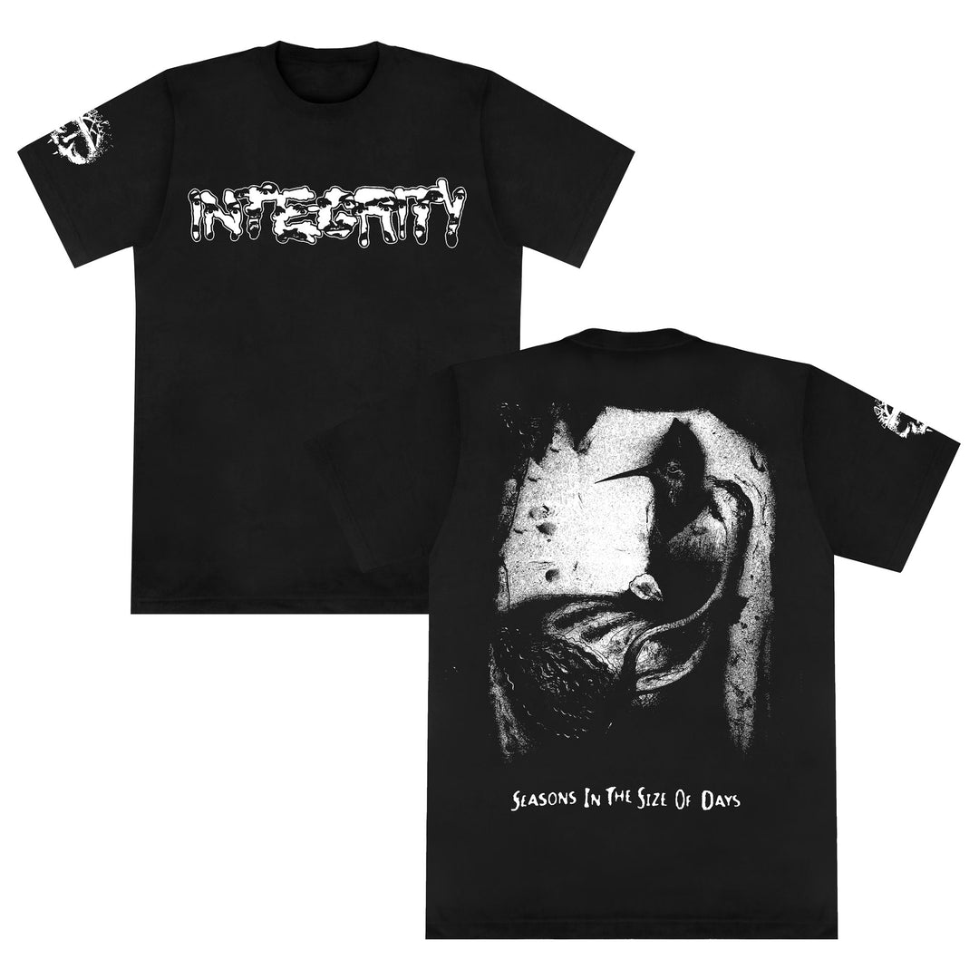 Integrity black printed t-shirt on Gildan Heavy Cotton with INTEGRITY in bold white, distorted letters on the front. Back shows a dark abstract image and SEASONS IN THE SIZE OF DAYS in white at the bottom.