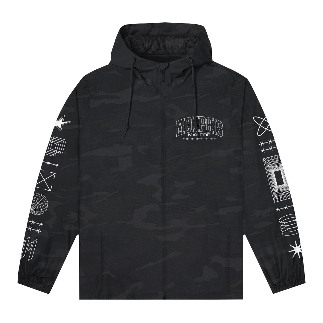 A Memphis May Fire black camo zip-up hoodie featuring subtle camo, band logo on the left chest, and white geometric and scientific line art printed down both sleeves.
