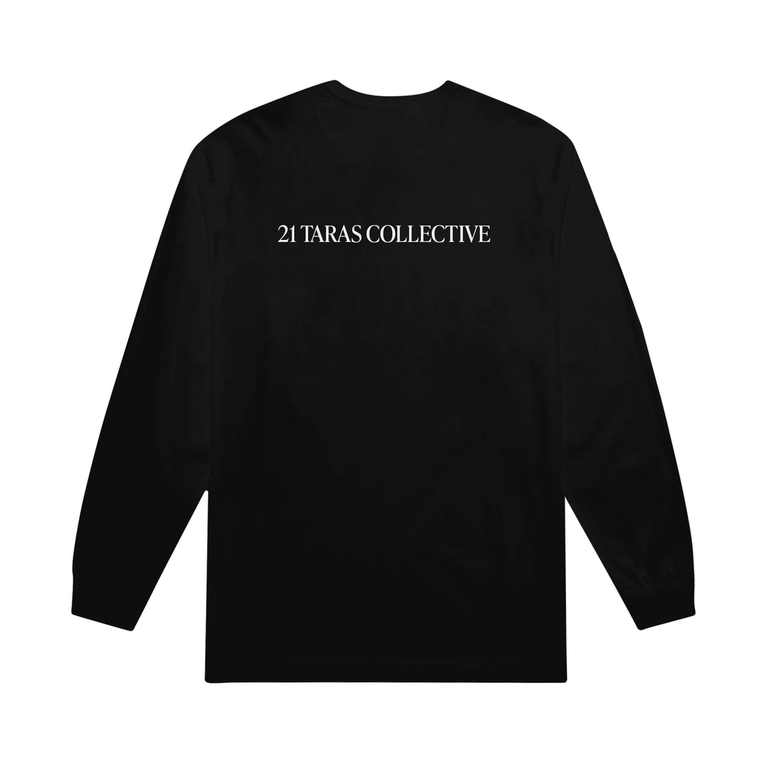 Black Bella Canvas long sleeve shirt featuring "21 Taras Collective" printed in white across the upper back—ideal for fans of quality branded apparel.