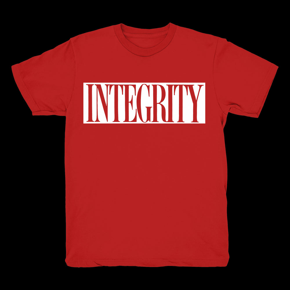 A red Integrity brand t-shirt made of Heavy Cotton with INTEGRITY boldly printed in white letters inside a white rectangle across the chest—ideal for fans of eye-catching printed tees.