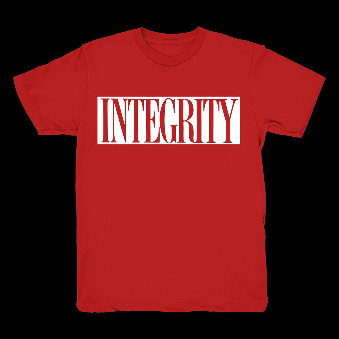 A red Integrity brand t-shirt made of Heavy Cotton with INTEGRITY boldly printed in white letters inside a white rectangle across the chest—ideal for fans of eye-catching printed tees.
