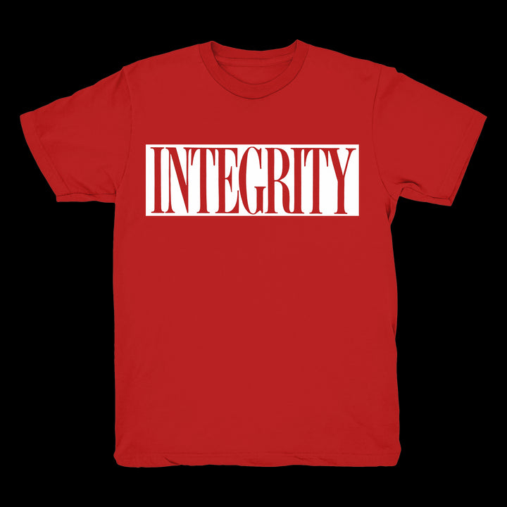 A red Integrity brand t-shirt made of Heavy Cotton with INTEGRITY boldly printed in white letters inside a white rectangle across the chest—ideal for fans of eye-catching printed tees.