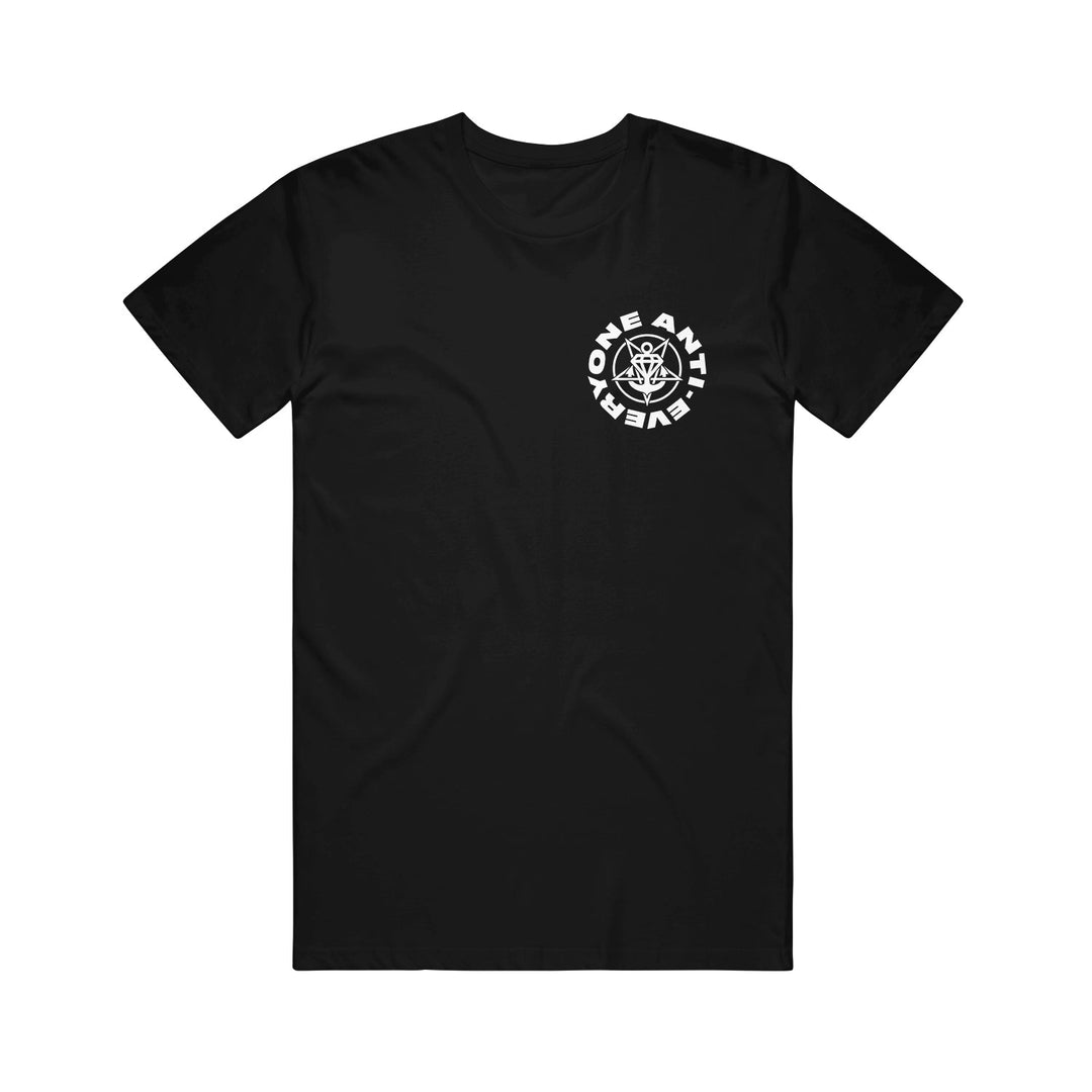 The Stay Sick Clothing Black T-Shirt features a white circular graphic and “ONE ANTI-EVERYONE” text on the left chest, making this minimalist Graphic Tee a bold statement. The rest of the shirt is plain.
