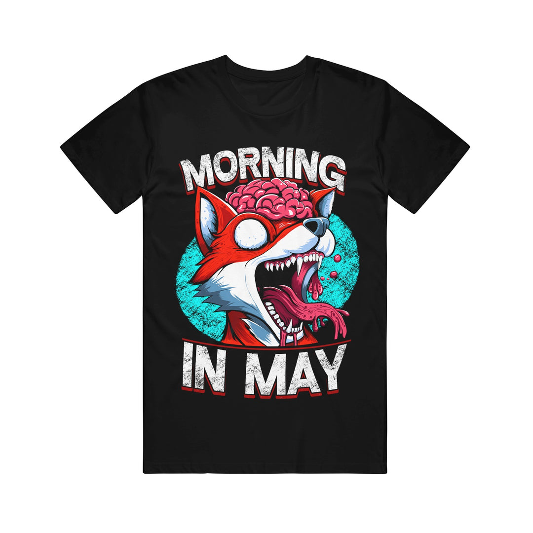 Black T-shirt by Morning In May featuring a cartoon fox zombie with an exposed brain, bulging eyes, and open mouth. "MORNING IN MAY" is printed in bold white letters above and below the design.
