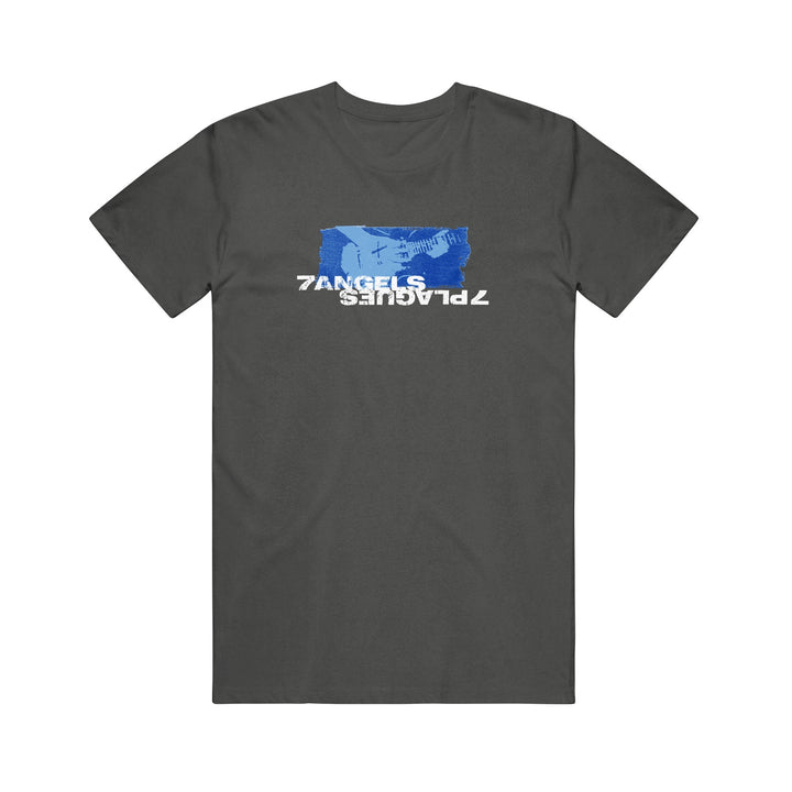 A dark gray 7 Angels 7 Plagues Comfort Colors tee with a blue bird graphic and white upside-down "7 ANGELS 7 PLAGUES" text on the front.